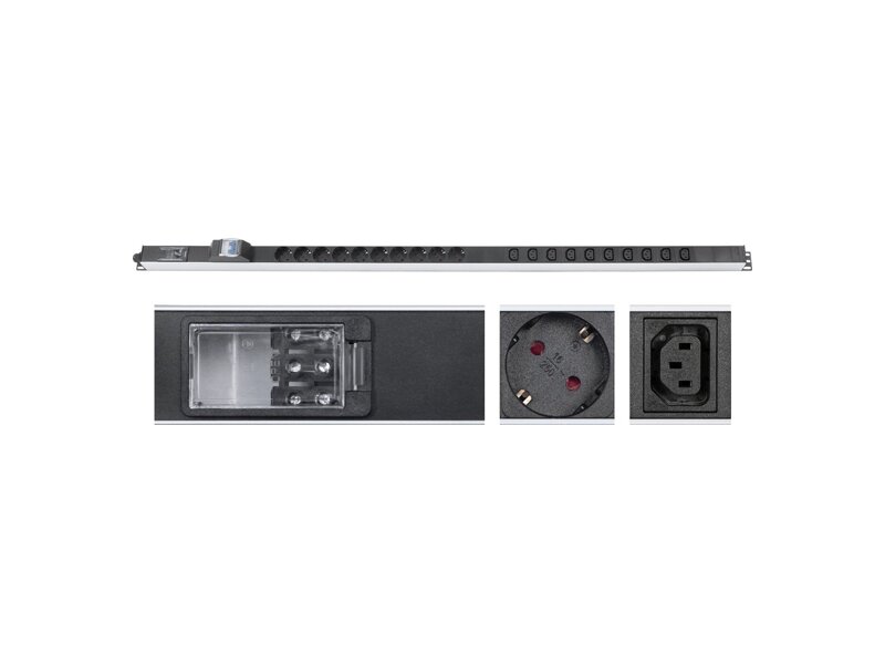 PDU-16-10S-10C13-B-T  Блок розеток для 19'' шкафов, вертикальный, 10 розеток Schuko, 10 розеток IEC 320 C13, 16А, автомат защиты, алюминиевый корпус, клеммная колодка