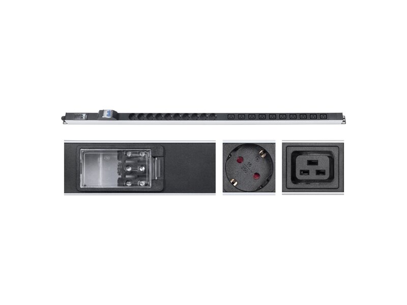 PDU-16-10S-10C19-B-T  Блок розеток для 19'' шкафов, вертикальный, 10 розеток Schuko, 10 розеток IEC 320 C19, 16А, автомат защиты, алюминиевый корпус, клеммная колодка