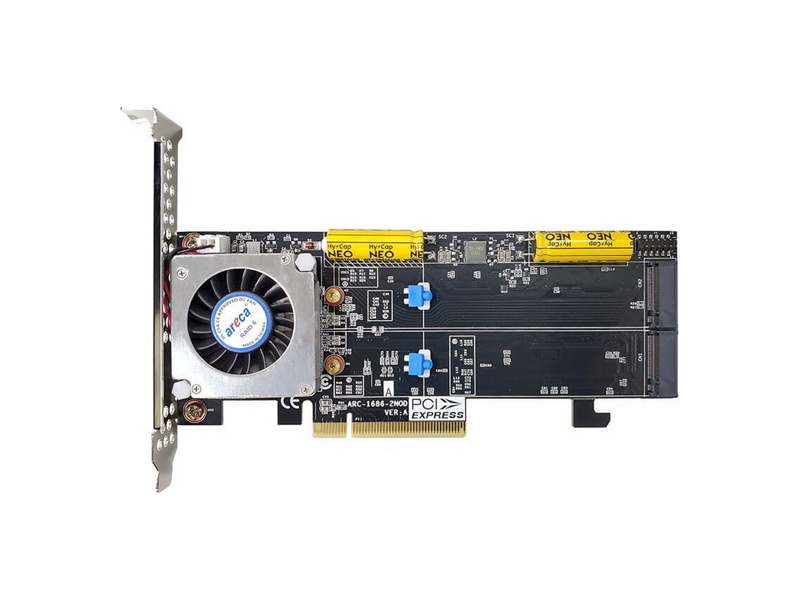 ARC-1686-2NOD  RAID контроллер Areca ARC-1686-2NOD PCI-E Gen4 x8 LP, 2 x M.2 , 12G SAS/ SATA / NVMe, RAID 0, 1, 10, JBOD