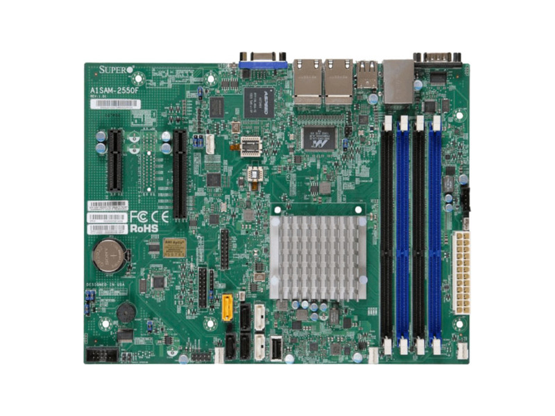 MBD-A1SAM-2550F-B  Supermicro Server motherboard MBD-A1SAM-2550F-B, Intel Atom C2550, 4xDDR3, 4x1GbE LAN, 1xRJ45 IPMI, 2x SATA6G+ 4x SATA3G, 7xUSB 2.0, 1xVGA, 2 COM, 1xPCI-E 2.0 x8 + 1xPCI-E 2.0 x4, uATX, Bulk
