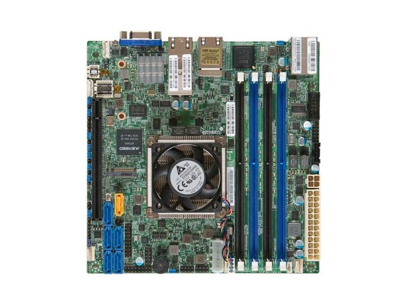 MBD-X10SDV-TLN4F-O  Supermicro Server motherboard MBD-X10SDV-TLN4F-O, Single Intel Xeon D-1541, Upto 128GB ECC RDIMM DDR4 2400MHz or 64GB ECC/ non-ECC UDIMM in 4 sockets, 6xSATA3 6G, PCIe3.0 x16, M.2 PCIe3.0 x4, 2x10GE and 2xGE with 1 IPMI dedicated LAN, mini-ITX, Retail