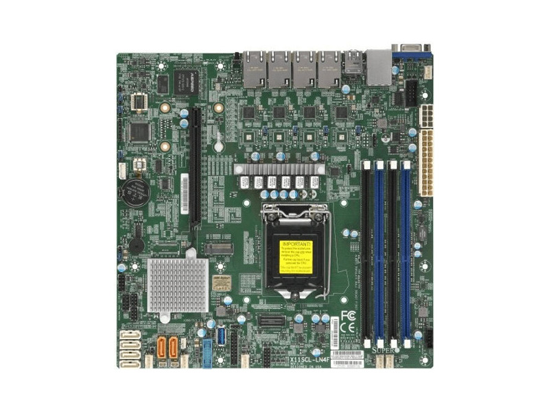 MBD-X11SCL-LN4F-O  Supermicro Server motherboard MBD-X11SCL-LN4F-O, Single socket, Intel C242, 4 DIMM slots, 6xSATA3 6G, 1 PCI-E 3.0 x16, 4xGE i210-AT, Micro-ATX, Retail
