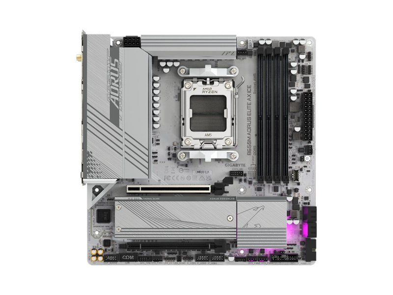 B650M AORUS ELITE AX ICE  Материнская плата GIGABYTE B650M AORUS ELITE AX ICE/ microATX/ AMD Ryzen 7000/ 8000/ 9000/ 4xDIMM DDR5 5200 MHz/ B650 AM5/ 4xSATA 6G/ 2xM.2 25110/ 22110/ 2580/ 2280/ PCI-E Gen4 x4/ x16/ PCI-E Gen4 x4/ x8/ x16/ Wi-Fi/ BT/ 17xUSB/ 2xUSB-C/ HDMI/ DP/ RJ45
