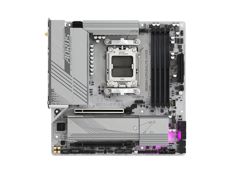 B650M A ELITE AX ICE  Материнская плата GIGABYTE B650M A ELITE AX ICE/ microATX/ AMD Ryzen 7000/ 8000/ 9000/ B650 AM5/ 4xDIMM DDR5 5200 MHz/ 4xSATA 6G/ 2xM.2 25110/ 22110/ 2580/ 2280/ PCI-E Gen4 x4/ PCI-E Gen4 x4/ x8/ x16/ Wi-Fi/ BT/ 19xUSB/ HDMI/ DP/ RJ45
