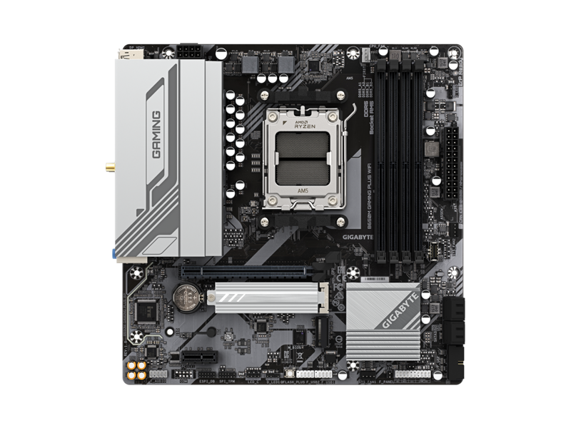 B650M GAMING PLUS WIFI  Материнская плата GIGABYTE B650M GAMING PLUS WF/ microATX/ AMD Ryzen 7000/ 8000/ 9000/ B650 AM5/ 4xDIMM DDR5 5200 MHz/ 4xSATA 6G/ 2xM.2 22110/ 2280/ PCI-E Gen3/ PCI-E Gen4 x4/ x8/ x16/ Wi-Fi/ BT/ 11xUSB/ 2xUSB-C/ HDMI/ 2xDP/ RJ45
