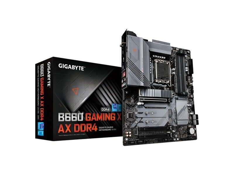 B660 GAMING X AX DDR4  Материнская плата Gigabyte B660 GAMING X AX DDR4/ ATX/ Intel Celeron/ Pentium Gold/ Core 12/ 13/ 14th Gen/ 4xDIMM DDR4 3200 MHz/ B660 LGA1700/ 4xSATA 6G/ 3xM.2 2260/ 2280/ 22110/ 2xPCI-E Gen3 x16/ PCI-E Gen4 x16/ Wi-Fi/ BT/ 14xUSB/ USB-C/ HDMI/ DP/ RJ45