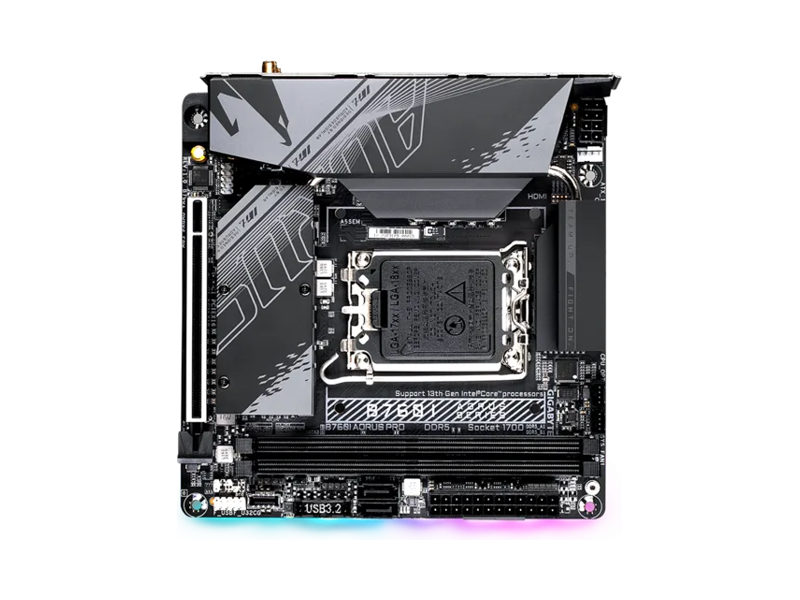 B760I AORUS PRO  Материнская плата Gigabyte B760I AORUS PRO/ Mini-ITX/ Intel Celeron/ Pentium Gold 12/ 13/ 14th Gen/ B760 LGA1700/ 2xDIMM DDR5 4800 MHz/ 2xSATA 6G/ 2xM.2/ PCI-E Gen4 x16/ Wi-Fi/ BT/ 13xUSB/ HDMI/ DP/ RJ45
