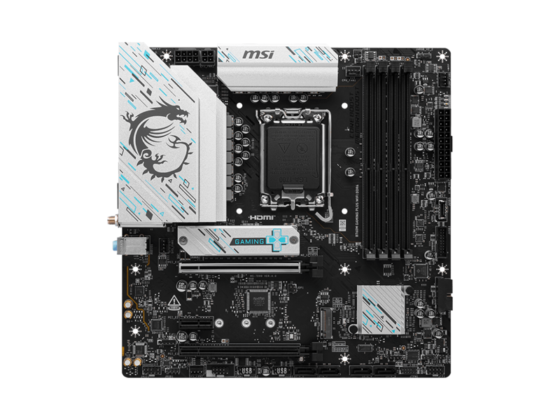 B760M GAMING PLUS WIFI DDR4  Материнская плата GIGABYTE B760M GAMING PLUS WIFI DDR4/ microATX/ Intel Celeron/ Pentium Gold/ Core 12/ 13/ 14th Gen/ 4xDIMM DDR4 3200 MHz/ B760 LGA1700/ 4xSATA 6G/ 2xM.2 2280/ 2xPCI-E Gen3/ PCI-E Gen4 x16/ Wi-Fi/ BT/ 11xUSB/ USB-C/ HDMI/ DP/ RJ45