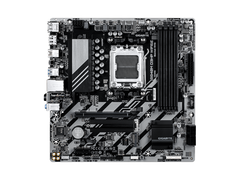 B840M D3HP WF6E  Материнская плата GIGABYTE B840M D3HP WF6E/ microATX/ AMD Ryzen 7000/ 8000/ 9000/ 4xDIMM DDR5 6400 MHz/ B840 AM5/ 4xSATA 6G/ 2xM.2 2580/ 2280/ PCI-E Gen3/ PCI-E Gen4 x4/ x8/ x16/ Wi-Fi/ BT/ 9xUSB/ 2xUSB-C/ HDMI/ DP/ RJ45