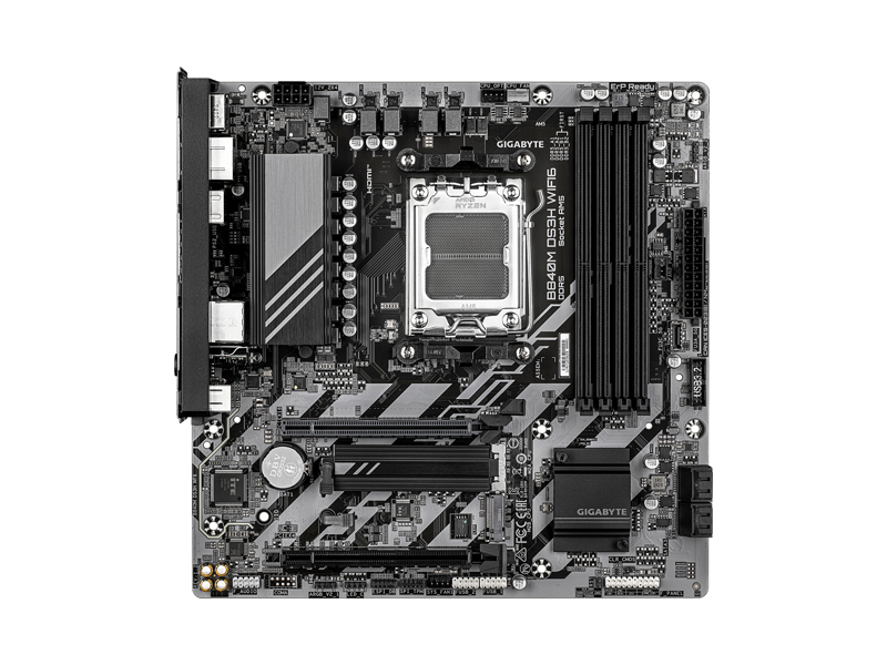 B840M DS3H WF6  Материнская плата GIGABYTE B840M DS3H WF6/ microATX/ AMD Ryzen 7000/ 8000/ 9000/ B840 AM5/ 4xDIMM DDR5 5200 MHz/ 4xSATA 6G/ 2xM.2 25110/ 22110/ 2580/ 2280/ Wi-Fi/ BT/ 12xUSB/ 2xUSB-C/ HDMI/ 2xDP/ RJ45