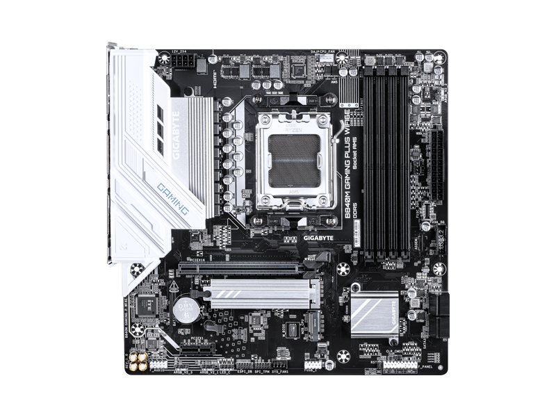 B840M GAMING P WF6E  Материнская плата GIGABYTE B840M GAMING P WF6E/ microATX/ AMD Ryzen 7000/ 8000/ 9000/ 4xDIMM DDR5 6400 Mhz/ B840 AM5/ 4xSATA 6G/ 2xM.2 2580/ 2280/ PCI-E Gen3/ PCI-E Gen4 x4/ x8/ x16/ Wi-Fi/ BT/ 9xUSB/ 2xUSB-C/ HDMI/ DP/ RJ45