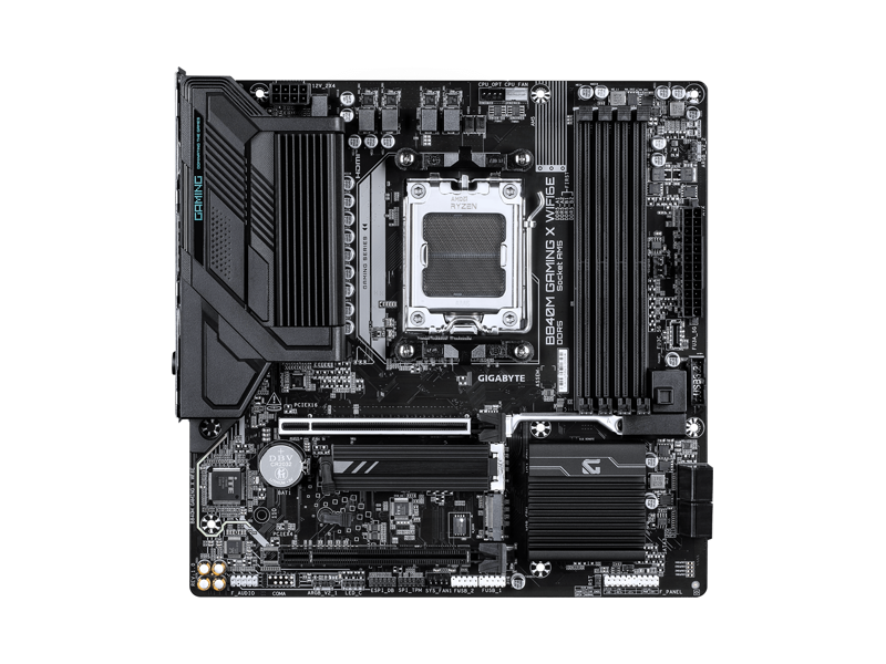 B840M GAMING X WF6E  Материнская плата GIGABYTE B840M GAMING X WF6E/ / microATX/ AMD Ryzen 7000/ 8000/ 9000/ 4xDIMM DDR5 6400 Mhz/ B840 AM5/ 4xSATA 6G/ 2xM.2 22110/ 2580/ 2280/ PCI-E Gen3/ PCI-E Gen4 x4/ x8/ x16/ Wi-Fi/ BT/ 12xUSB/ 2xUSB-C/ HDMI/ DP/ RJ45
