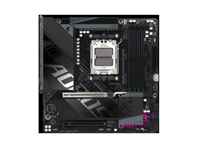 B850M AORUS ELITE WIFI6E  Материнская плата GIGABYTE B850M AORUS ELITE WIFI6E/ microATX/ microATX/ AMD Ryzen 7000/ 8000/ 9000/ 4xDIMM DDR5 5200 MHz/ B850 AM5/ 4xSATA 6G/ 2xM.2 25110/ 22110/ 2580/ 2280/ PCI-E Gen3 x4/ x16/ PCI-E Gen4 x4/ x8/ PCI-E Gen5 x16/ Wi-Fi/ BT/ 17xUSB/ 2xUSB