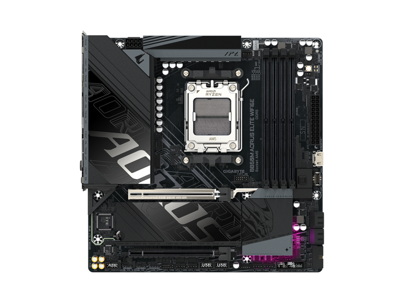 B850M A ELT WF6E  Материнская плата Gigabyte B850M A ELT WF6E/ microATX/ AMD Ryzen 7000/ 8000/ 9000/ B850 AM5/ 4xDIMM DDR5 5200 Mz/ 4xSATA 6G/ 2xM.2 25110/ 22110/ 2580/ 2280/ PCI-E Gen3 x16/ PCI-E Gen4 x4/ x8/ PCI-E Gen5 x16/ Wi-Fi/ BT/ 17xUSB/ 2xUSB-C/ HDMI/ DP/ RJ45