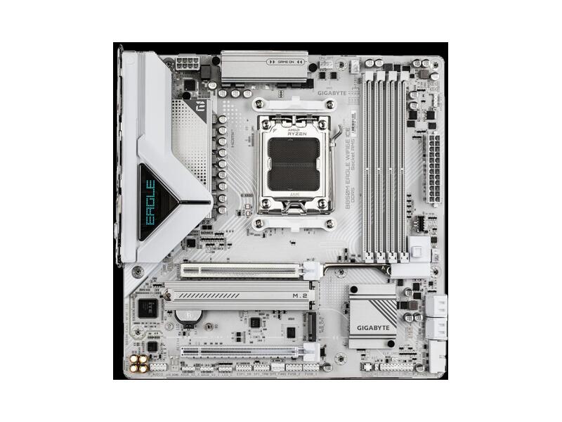 B850M EAGLE WIFI6E ICE  Материнская плата GIGABYTE B850M EAGLE WIFI6E ICEmicroATX/ microATX/ AMD Ryzen 7000/ 8000/ 9000/ 4xDIMM DDR5 5200 MHz/ B850 AM5/ 4xSATA 6G/ 2xM.2 25110/ 22110/ 2580/ 2280/ PCI-E Gen3 x4/ x16/ PCI-E Gen4 x4/ x8/ PCI-E Gen5 x16/ Wi-Fi/ BT/ 13xUSB/ 2xUSB-C/ 