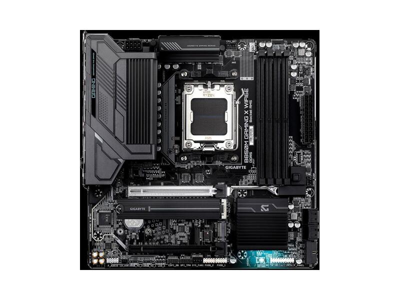 B850M GAMING X WIFI6E  Материнская плата GIGABYTE B850M GAMING X WIFI6E/ AMD Ryzen 7000/ 8000/ 9000/ B850 AM5/ 4xDIMM DDR5 5600 MHz/ 4xSATA 6G/ / 2*M.2 PCI-E Gen4 x2/ x4/ M.2 PCI-E Gen5 x4/ PCI-E Gen3 x4/ x16/ PCI-E Gen4 x4/ x8/ PCI-E Gen5 x16/ 8xUSB 2.0/ 4xUSB 3.2 Gen1/ USB 3.