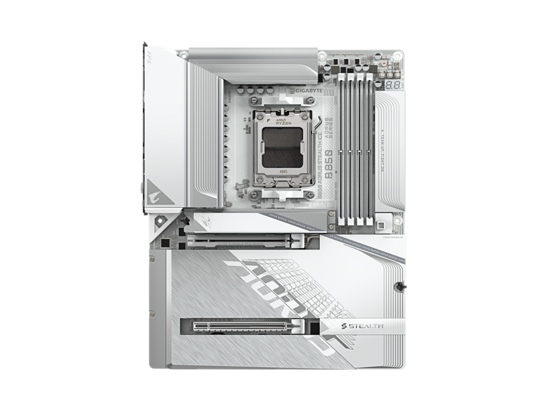 B850 A STEALTH ICE  Материнская плата GIGABYTE B850 A STEALTH ICE/ ATX/ AMD Ryzen 7000/ 8000/ 9000/ B850 AM5/ 4xDIMM DDR5 5200 MHz/ 2xSATA 6G/ 4xM.2 25110/ 22110/ 2580/ 2280/ PCI-E Gen4 x4/ PCI-E Gen4 x4/ x8/ PCI-E Gen5 x16/ Wi-Fi/ BT/ 16xUSB/ 2xUSB-C/ HDMI/ RJ45