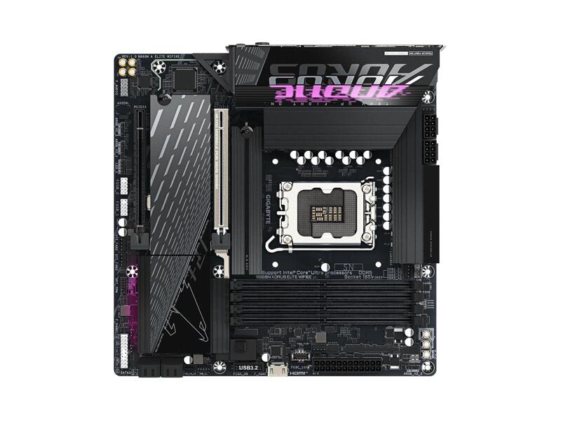 B860M A ELITE WIFI6E  Материнская плата Gigabyte B860M A ELITE WIFI6E/ microATX/ Intel Ultra/ B860 LGA1851/ 4xDIMM DDR5 6400 MHz/ 4xSATA 6G/ 3xM.2 25110/ 22110/ 2580/ 2280/ PCI-E Gen4 x4/ PCI-E Gen5 x16/ Wi-Fi/ BT/ 16xUSB/ 2xThunderbolt/ HDMI/ RJ45