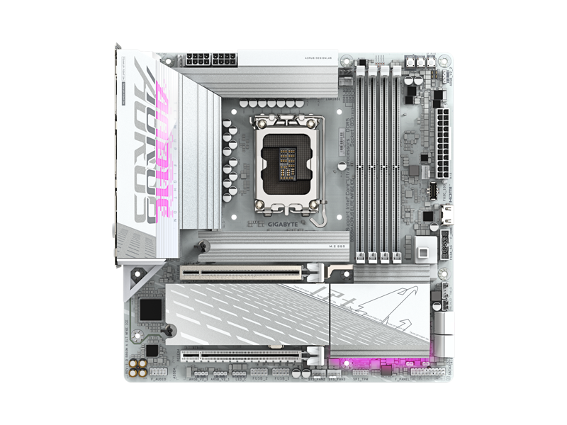 B860M A ELT WF6E ICE Материнская плата Gigabyte B860M A ELT WF6E ICE/ microATX/ Intel Core Ultra/ B860 LGA1851/ 4xDIMM DDR5 6400 MHz/ 4xSATA 6G/ 3xM.2 25110/ 22110/ 2580/ 2280/ 2xPCI-E Gen4 x4/ PCI-E Gen5 x16/ Wi-Fi/ BT/ Thunderbolt/ 17xUSB/ HDMI/ RJ45