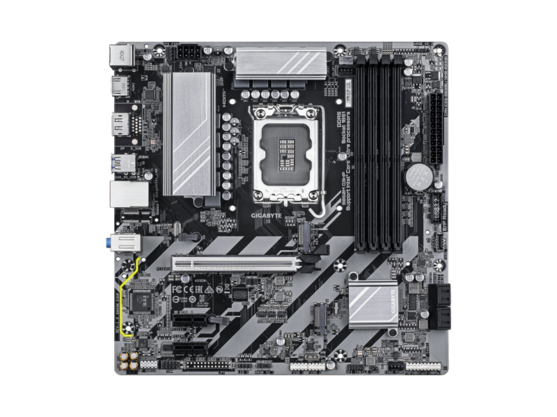 B860M D3HP  Материнская плата GIGABYTE B860M D3HP/ microATX/ / Intel Ultra/ B860 LGA1851/ 4xDIMM DDR5 6400 MHz/ 4xSATA 6G/ 2xM.2 PCI-E Gen4 x2/ x4/ 2xPCI-E Gen3/ PCI-E Gen5 x16/ 7xUSB 2.0/ 5xUSB 3.2 Gen1/ USB 3.2 Gen1 Type-C/ HDMI/ DP/ RJ45