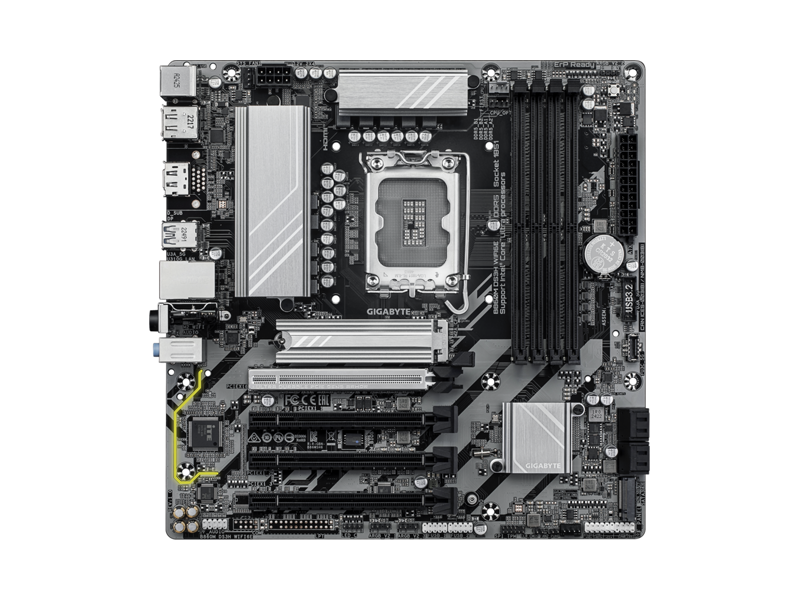 B860M DS3H WIFI6E  Материнская плата GIGABYTE B860M DS3H WIFI6E/ microATX/ Intel Ultra/ B860 LGA1851/ 4xDIMM DDR5 6400 MHz/ 4xSATA 6G/ M.2 2280 PCI-E Gen4/ M.2 2280 PCI-E Gen5/ 3xPCI-E Gen4 x16/ PCI-E Gen5 x16/ Wi-Fi/ BT/ 12xUSB/ USB-C/ HDMI/ 2xDP/ RJ45