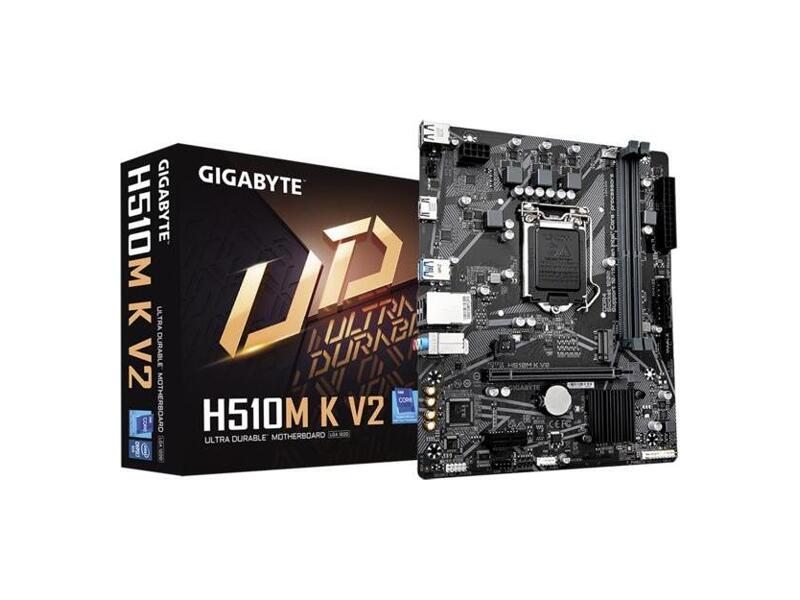 H510M K V2 2.0  Материнская плата GIGABYTE H510M K V2 2.0/ microATX/ Intel Celeron/ Pentium/ i3/ i5/ i7/ i9 10th Gen/ i3/ i5/ i7/ i9 11th Gen/ Q470 LGA1200/ 2xDIMM DDR4 3200 MHz/ 2xSATA 6G/ M.2 PCI-E Gen3 x2/ x4/ PCI-E Gen3/ PCI-E Gen3 x16/ 6xUSB 2.0/ 4xUSB 3.2 Gen1/ HDM