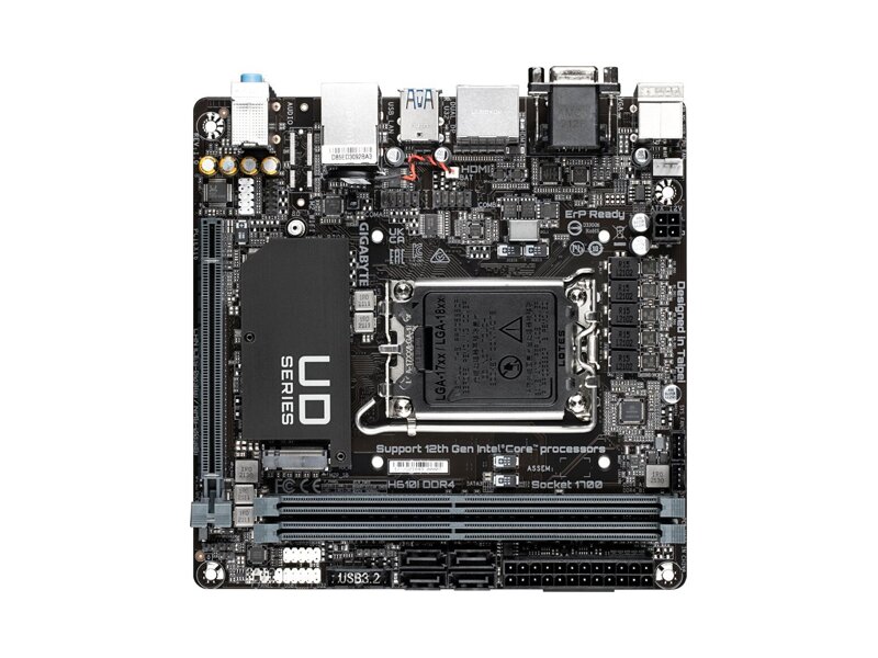 H610I DDR4 Материнская плата GIGABYTE H610I DDR4/ miniITX/ Intel Celeron/ Pentium Gold 12/ 13/ 14th Gen/ H610 LGA1700/ 2xDIMM DDR4 3200 MHz/ 4xSATA 6G/ M.2/ PCI-E Gen4 x16/ 12xUSB/ VGA Port/ HDMI/ 2xDP/ RJ45