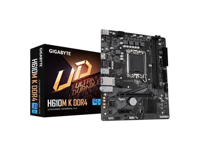 H610M K DDR4 2.0 Материнская плата GIGABYTE H610M K DDR4 2.0/ microATX/ Intel Celeron/ Pentium 12/ 13/ 14th Gen/ H610 LGA1700/ 2xDIMM DDR4 3200 MHz/ 2xSATA 6G/ M.2/ PCI-E Gen3/ PCI-E Gen4 x16/ 10xUSB/ HDMI/ RJ45