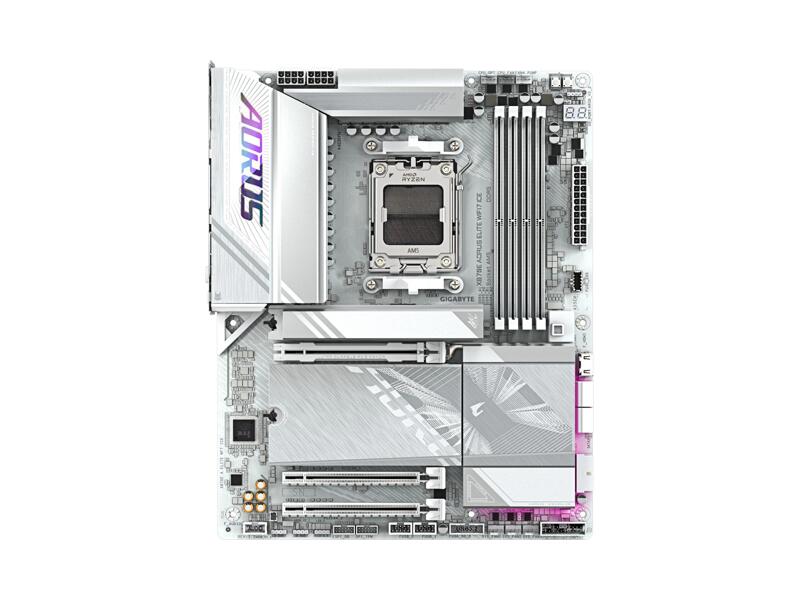 X870E AORUS ELITE WIFI7 ICE  Gigabyte X870 AORUS ELITE WIFI7 ICE/ ATX/ AMD Ryzen 7000/ 8000/ 9000/ X870 AM5/ 4xDIMM DDR5 5200 Mhz/ 4xSATA 6G/ 4xM.2 25110/ 22110/ 2580/ 2280/ PCI-E Gen3 x2/ x16/ PCI-E Gen4 x4/ x16/ PCI-E Gen4 x4/ x8/ PCI-E Gen5 x16/ Wi-Fi/ BT/ 16xUSB/ 3xUSB-C/ HDMI/ R