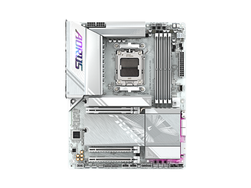 X870E A ELITE WF7 ICE Материнская плата X870E A ELITE WF7 ICE/ ATX/ AMD Ryzen 7000/ 8000/ 9000/ B850 AM5/ 4xDIMM DDR5 5200 MHz/ 4xSATA 6G/ 3xM.2 22110/ 2280/ PCI-E Gen3 x2/ x16/ PCI-E Gen4 x4/ x16/ PCI-E Gen4 x4/ x8/ x16/ PCI-E Gen5 x16/ Wi-Fi/ BT/ 2xUSB4/ 16xUSB/ USB-C/ HDMI/