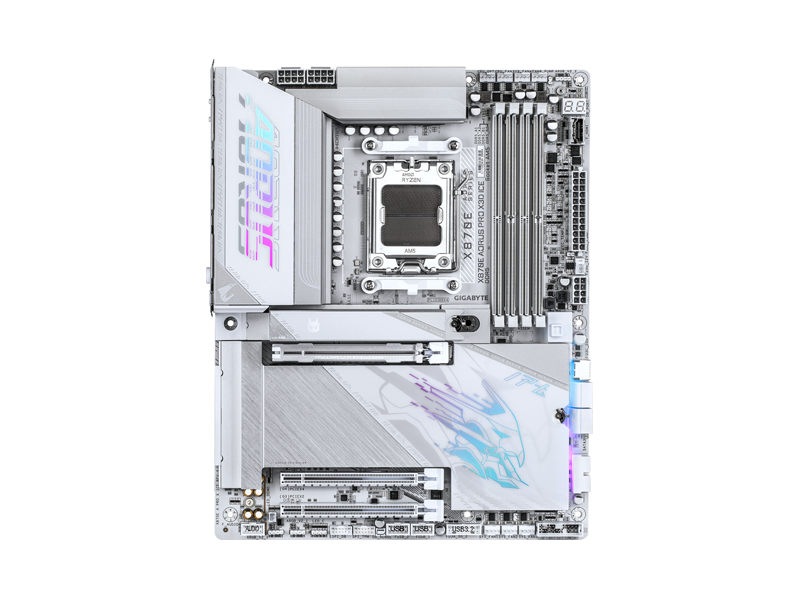 X870E A PRO X ICE  Материнская плата GIGABYTE X870E A PRO X ICE/ ATX/ AMD Ryzen 7000/ 8000/ 9000/ 4xDIMM DDR5 5200 MHz/ X870 AM5/ 4xSATA 6G/ 4xM.2 25110/ 22110/ 2580/ 2280/ PCI-E Gen3 x4/ x16/ PCI-E Gen4 x4/ x16/ PCI-E Gen4 x4/ x8/ PCI-E Gen5 x16/ Wi-Fi/ BT/ 17xUSB/ 3xUSB-C