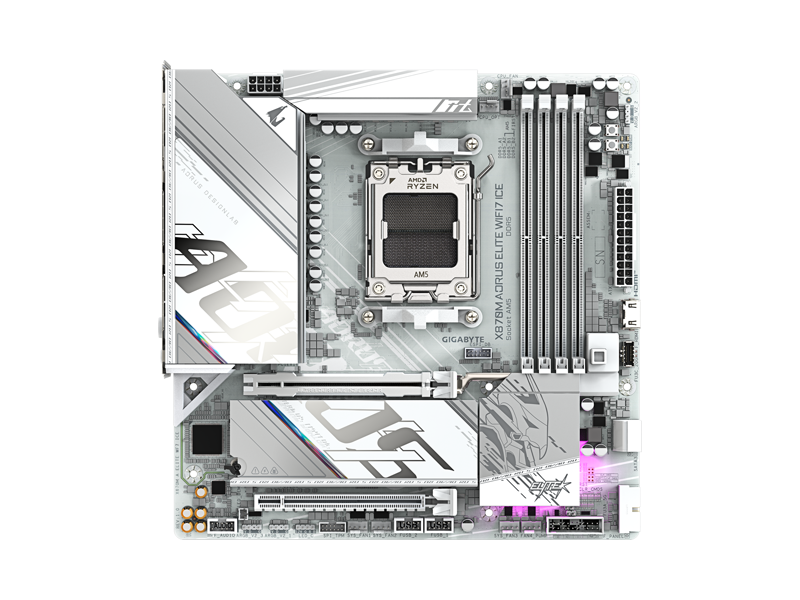 X870M A ELITE WF7 ICE  Материнская плата GIGABYTE X870M A ELITE WF7 ICE/ micrroATX/ AMD Ryzen 7000/ 8000/ 9000/ 4xDIMM DDR5 5200 MHz/ X8770 AM5/ 2xSATA 6G/ 2xM.2 25110/ 22110/ 2580/ 2280/ PCI-E Gen4 x4/ x16/ PCI-E Gen4 x4/ x8/ PCI-E Gen5 x16/ Wi-Fi/ BT/ 16xUSB/ 3xUSB-C/ HDMI/ D