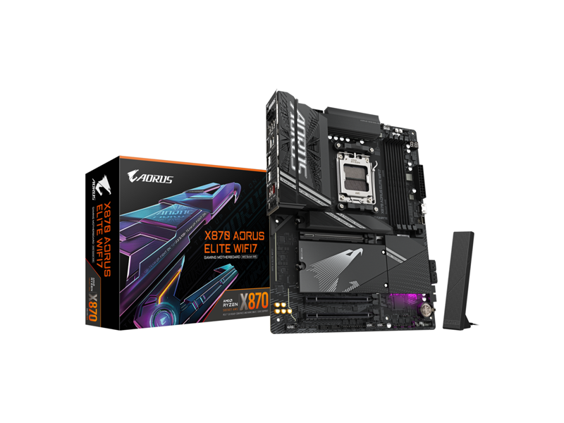 X870 AORUS ELITE WIFI7  Материнская плата Gigabyte X870 AORUS ELITE WIFI7/ ATX/ AMD Ryzen 7000/ 8000/ 9000/ 4xDIMM DDR5 5200 MHz/ X870 AM5/ 4xSATA 6G/ 4xM.2 25110/ 22110/ 2580/ 2280/ PCI-E Gen3 x2/ x16/ PCI-E Gen4 x4/ x8/ PCI-E Gen5 x16/ Wi-Fi/ BT/ 16xUSB/ 3xUSB-C/ HDMI/ RJ45