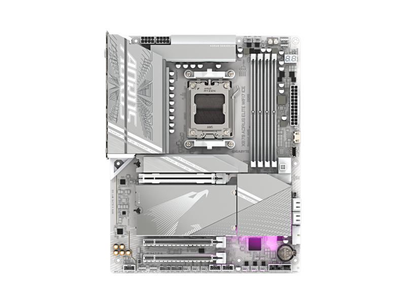 X870 AORUS ELITE WIFI7 ICE  Материнская плата GIGABYTE X870 AORUS ELITE WIFI7 ICE/ ATX/ AMD Ryzen 7000/ 8000/ 9000/ 4xDIMM DDR5 5200 Hz/ X870 AM5/ 4xSATA 6G/ 4xM.2 25110/ 22110/ 2580/ 2280/ PCI-E Gen3 x2/ x16/ PCI-E Gen4 x4/ x16/ PCI-E Gen4 x4/ x8/ PCI-E Gen5 x16/ Wi-Fi/ BT/ 16xUSB/