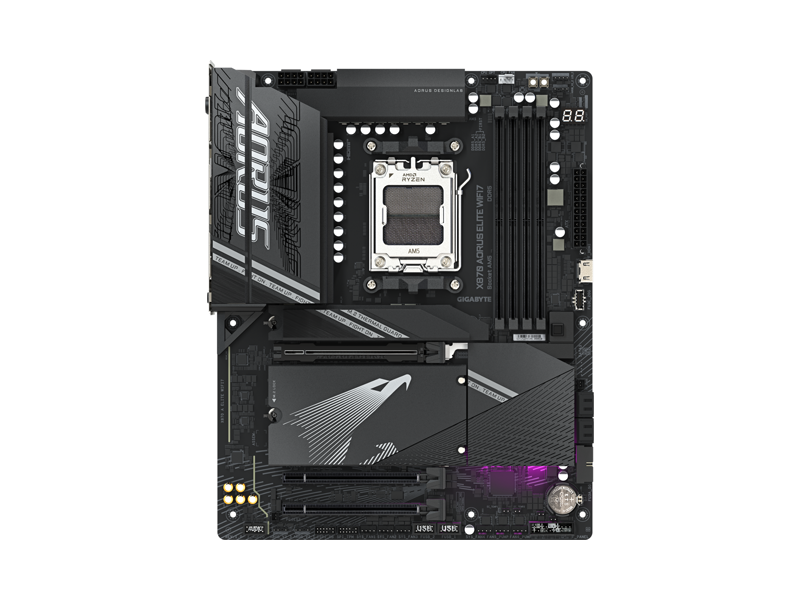 X870 A ELITE WIFI7  Материнская плата GIGABYTE X870 AORUS ELITE WIFI7/ ATX/ AMD Ryzen 7000/ 8000/ 9000/ X870 AM5/ 4xDDR5 5200 MHz/ 4xSATA 6G/ 2xM.2 22110/ 2280/ M.2 25110/ 22110/ 2580/ 2280/ PCI-E Gen3 x16/ PCI-E Gen4 x4/ x8/ x16/ PCI-E Gen5 x16/ Wi-Fi/ BT/ 19xUSB/ HDMI/ RJ4