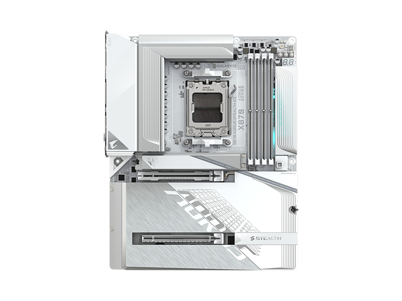 X870 A STEALTH ICE  Материнская плата GIGABYTE X870 A STEALTH ICE/ ATX/ AMD Ryzen 7000/ 8000/ 9000/ X870 AM5/ 4xDIMM DDR5 5200 MHz/ 2xSATA 6G/ 4xM.2 25110/ 22110/ 2580/ 2280/ PCI-E Gen4 x4/ PCI-E Gen4 x4/ x8/ PCI-E Gen5 x16/ Wi-Fi/ BT/ 16xUSB/ 2xUSB-C/ HDMI/ 2xDP/ RJ45