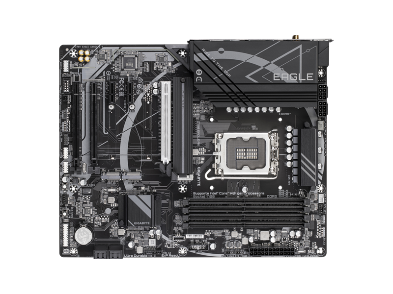 Z790 EAGLE AX Материнская плата GIGABYTE Z790 EAGLE AX/ ATX/ Intel Celeron/ Pentium 12/ 13/ 14th Gen/ Z790 LGA1700/ 4xDIMM DDR5 4800 MHz/ 4xSATA 6G/ 3xM.2/ 3xPCI-E Gen3/ PCI-E Gen4 x4/ PCI-E Gen5 x16/ Wi-Fi/ BT/ 15xUSB/ HDMI/ DP/ RJ45