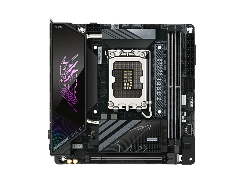Z890I AORUS ULTRA  Материнская плата GIGABYTE Z890I AORUS ULTRA/ miniITX/ Intel Core Ultra S2/ Z890 LGA1851/ 2xDIMM DDR5 6400 MHz/ 2xSATA 6G/ 2xM.2 2280/ PCI-E Gen5 x16/ Thunderbolt/ 9xUSB/ USB-C/ HDMI/ DP/ RJ45