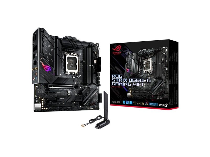 90MB18Y0-M1EAY0  Asus ROG STRIX B660-G GAMING Wi-Fi DDR5 mATX Motherboard, LGA 1700 Socket, AI Cooling, WiFi 6 (802.11ax), 2.5 Gb Ethernet, 12+1 Power Stages, USB 3.2, SATA, 2 PCIe 4.0 M.2 Slots 2