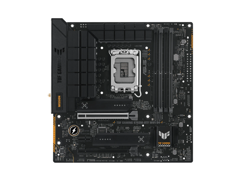90MB1E50-M1EAY0  Материнская плата ASUS TUF GAMING B760M-BTF WIFI D4/ microATX/ Intel Celeron/ Pentium/ Core 12/ 13/ 14th Gen/ B760 LGA1700/ 4xDIMM DDR4 3200 MHz/ 4xSATA 6G/ 3xM.2 2242/ 2260/ 2280/ PCI-E Gen4/ PCI-E Gen4 x16/ PCI-E Gen5 x16/ Wi-Fi/ BT/ 10xUSB/ 4xUSB-C/ HD