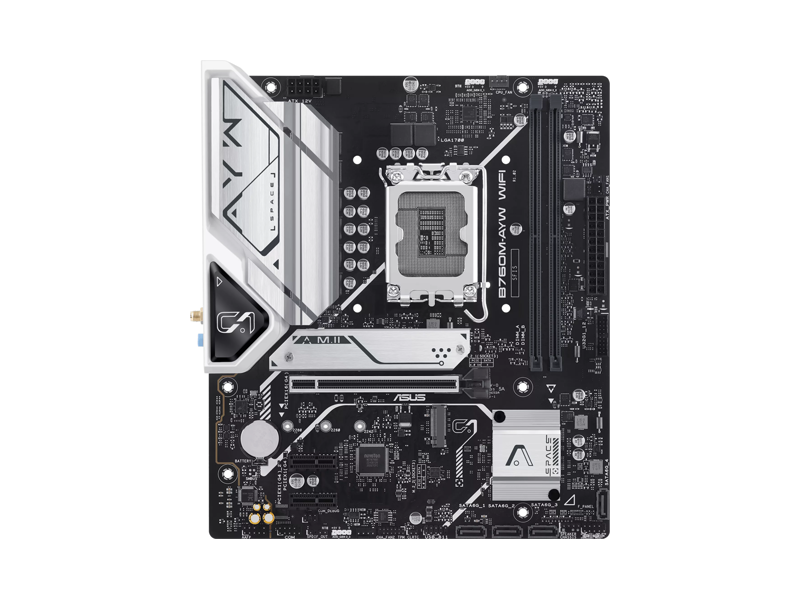 90MB1FK0-M0UBY0  Материнская плата ASUS B760M-AYW WIFI-SI/ microATX/ Intel Celeron/ Pntium Gold/ Core 12/ 13/ 14th Gen/ 2xDIMM DDR5 6000 MHz/ B760 LGA1700/ 4xSATA 6G/ 2xM.2 2242/ 2260/ 2280/ 2xPCI-E Gen4 x4/ PCI-E Gen4 x16/ Wi-Fi/ BT/ 8xUSB/ HDMI/ DP/ RJ45