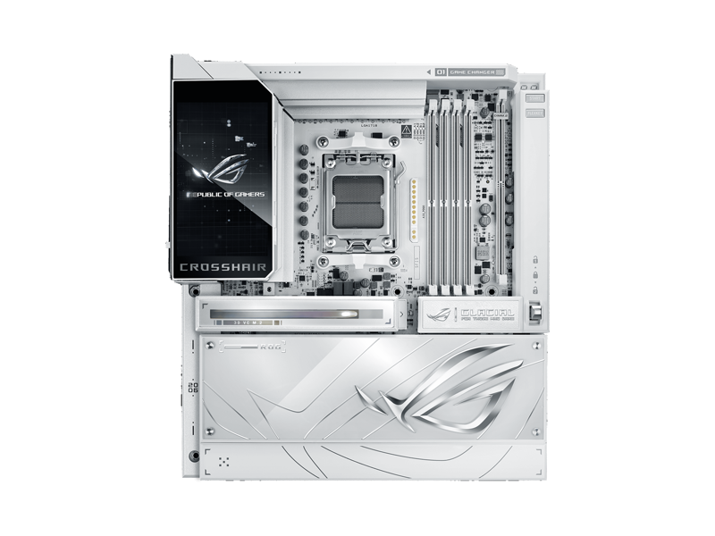 90MB1NQ0-M0EAY0  Материнская плата ASUS ROG CROSSHAIR X870E GLACIAL/ eATX/ AMD Ryzen 7000/ 8000/ 9000/ 4xDIMM DDR5/ X870 AM5/ 4xSATA 6G/ 7xM.2 2230/ 2242/ 2260/ 2280/ 22110/ 2xPCI-E Gen4 x16/ 2xPCI-E Gen5 x16/ Wi-Fi/ BT/ 13xUSB/ 8xUSB-C/ HDMI/ DP/ RJ45