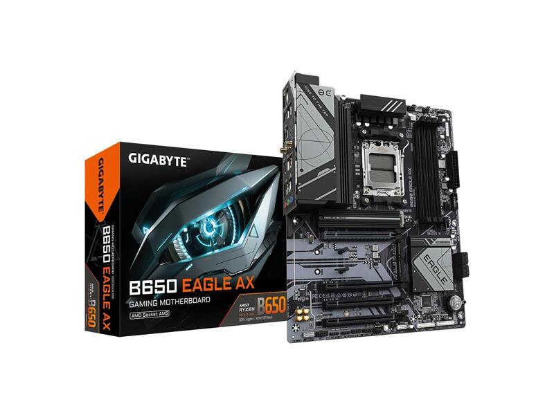 B650 EAGLE AX 1.1  Материнская плата GIGABYTE B650 EAGLE AX/ ATX/ AMD Ryzen 7000/ 8000/ 9000/ B650 AM5/ 4xDIMM DDR5 5200 MHz/ 4xSATA 6G/ M.2 PCI-E Gen4 x2/ 2x PCI-E Gen4 x2/ x4/ 3xPCI-E Gen3 x16/ PCI-E Gen4 x16/ 12xUSB 2.0/ 2xUSB 3.2 Gen1/ 2xUSB 3.2 Gen2/ 2xUSB 3.2 Gen2x2/ 