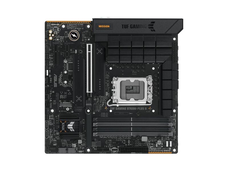 TUF GAMING B760M-PLUS II  Материнская плата ASUS TUF GAMING B760M-PLUS II/ microATX/ Intel Celeron/ Pentium Gold 12/ 13/ 14th Gen/ B760 LGA1700/ 4xDIMM DDR5 5600 MHz/ 4xSATA 6G/ M.2 PCI-E Gen4 x2/ 2xM.2 PCI-E Gen4 x4/ PCI-E Gen3/ PCI-E Gen4 x4/ PCI-E Gen5 x16/ 7xUSB 2.0/ 3xUSB 3.2