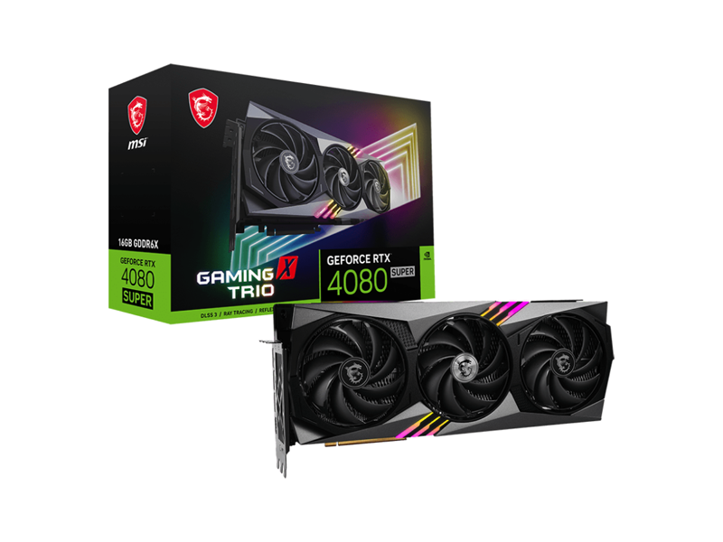 GeForce RTX 4080 SUPER 16G GAMING X TRIO  Видеокарта MSI PCI-E 4.0 RTX 4080 SUPER 16G GAMING X TRIO NVIDIA GeForce RTX 4080 SUPER 16Gb 256bit GDDR6X 2610/ 23000 HDMIX2 DPX2 HDCP Ret