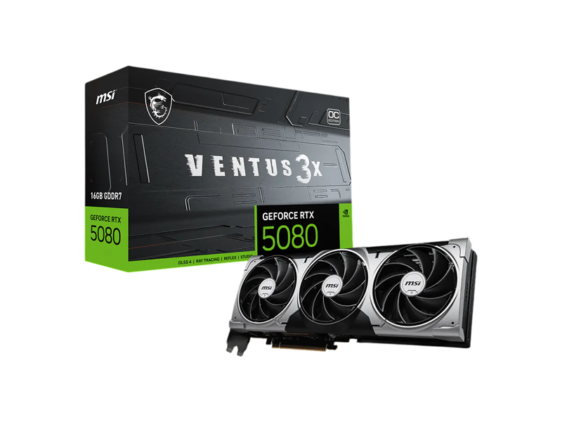 GeForce RTX 5080 16G VENTUS 3X  Видеокарта MSI GeForce RTX 5080 16G VENTUS 3X NVIDIA GeForce RTX 5080 16GB 256bit GDDR7 PCI-E Gen5 HDMI 3xDP