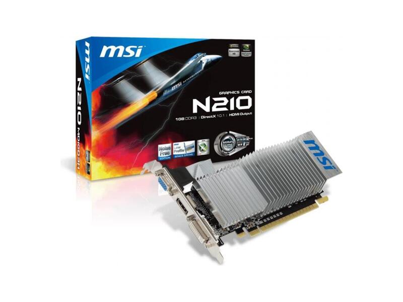 N210-1GD3/LP  Видеокарта MSI GeForce 210 1 Гб DDR3 64 бит PCIE 2.0 16x Memory 1000 МГц GPU 589 МГц 1xРазъем 15pin D-sub 1xВыход DVI-D 1xВыход HDMI N210-1GD3/ LP
