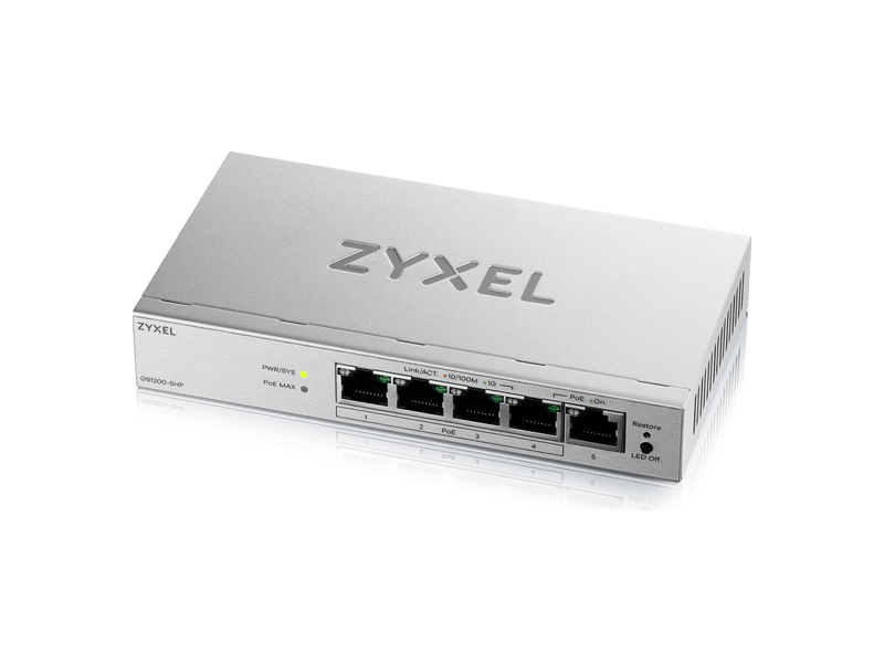 GS1200-5HPV3-EU0101F  Коммутатор ZYXEL Gigabit PoE Switch Zyxel GS1200-5HPv3, 5xRJ-45: 1G 4xPoE+ 68W PoE