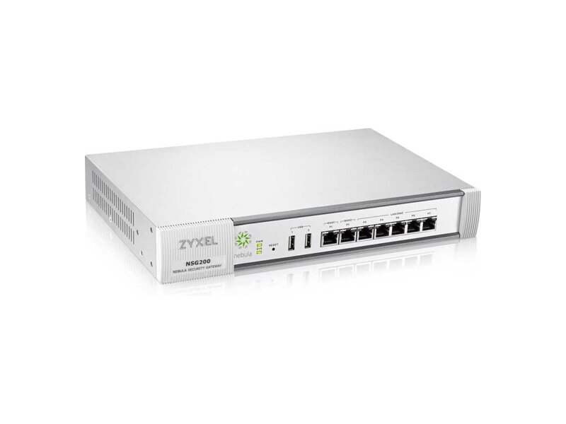 NSG200-ZZ0102F  Межсетевой экран Zyxel Nebula NSG200 (NSG200-ZZ0102F) 10/ 100/ 1000BASE-TX 2xWAN GE, 5xLAN GE, 2xUSB, IDP, AV, CF, патруль приложений (DPI), VPN (IPSec, L2TP over IPSec), Security Pack и Professional Pack
