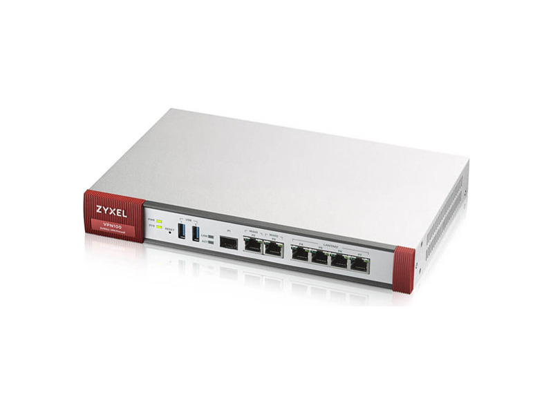 VPN100-RU0101F  Межсетевой экран Zyxel ZyWALL VPN100 (VPN100-RU0101F) 10/ 100/ 1000BASE-TX/ SFP 3xWAN GE (2xRJ-45 и 1xSFP), 4xLAN/ DMZ GE, 2xUSB3.0, AP Controller (4/ 68), SD-WAN, Device HA Pro, подписка на 1 год фильтрации контента (CF) и Geo IP